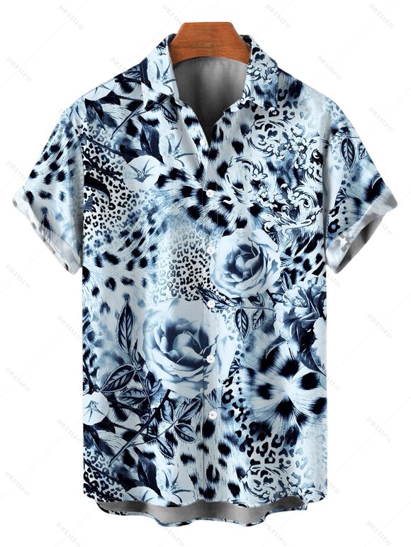 Vacation Couple Outfit Ink Painting Rose Floral Leopard Print Spaghetti Strap Maxi Bodycon Dress and Shirt Set - Bleu Poudre S | US 4