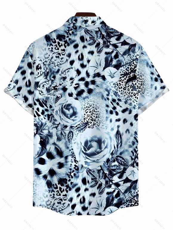 Vacation Couple Outfit Ink Painting Rose Floral Leopard Print Spaghetti Strap Maxi Bodycon Dress and Shirt Set - Bleu Poudre S | US 4