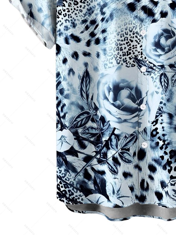 Vacation Couple Outfit Ink Painting Rose Floral Leopard Print Spaghetti Strap Maxi Bodycon Dress and Shirt Set - Bleu Poudre S | US 4