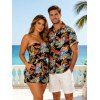 Vacation Hawaiian Couple Outfit Tropical Hibiscus Floral Leaf Print Pocket Off the Shoulder Romper and Shirt Set - Noir S | US 4
