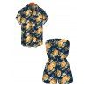Hawaiian Vacation Couple Outfit Yellow Rose Floral Leaf Print Pocket Off the Shoulder Romper and Shirt Set - Bleu de Minuit S | US 4