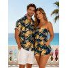 Hawaiian Vacation Couple Outfit Yellow Rose Floral Leaf Print Pocket Off the Shoulder Romper and Shirt Set - Bleu de Minuit S | US 4