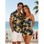 Hawaiian Vacation Couple Outfit Yellow Rose Floral Leaf Print Pocket Off the Shoulder Romper and Shirt Set - Bleu de Minuit S | US 4