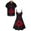 Gothic Couple Outfit Moon Star Astrology Magic Circle Print Spaghetti Strap Mini Dress and Shirt Set - Noir S | US 4