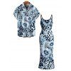 Vacation Couple Outfit Ink Painting Rose Floral Leopard Print Spaghetti Strap Maxi Bodycon Dress and Shirt Set - Bleu Poudre S | US 4