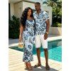 Vacation Couple Outfit Ink Painting Rose Floral Leopard Print Spaghetti Strap Maxi Bodycon Dress and Shirt Set - Bleu Poudre S | US 4