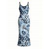 Vacation Couple Outfit Ink Painting Rose Floral Leopard Print Spaghetti Strap Maxi Bodycon Dress and Shirt Set - Bleu Poudre S | US 4