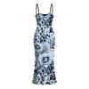 Vacation Couple Outfit Ink Painting Rose Floral Leopard Print Spaghetti Strap Maxi Bodycon Dress and Shirt Set - Bleu Poudre S | US 4