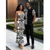Bohemian Couple Outfit Mandala Ethnic Print Spaghetti Strap Maxi Bodycon Dress and Contract Color Shirt Set - Noir S | US 4