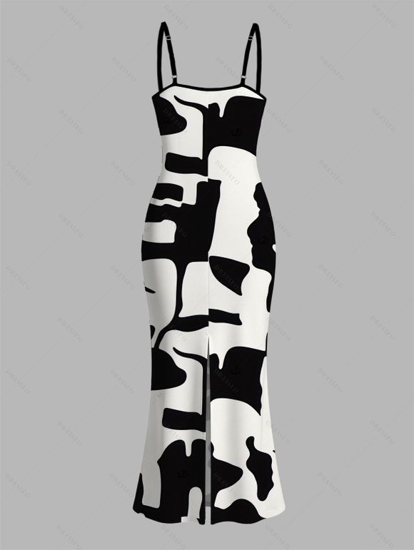 Casual Dress Colorblock Abstract Irregular Geometric Print Spaghetti Strap Maxi Bodycon Dress - Noir XXL | US 14