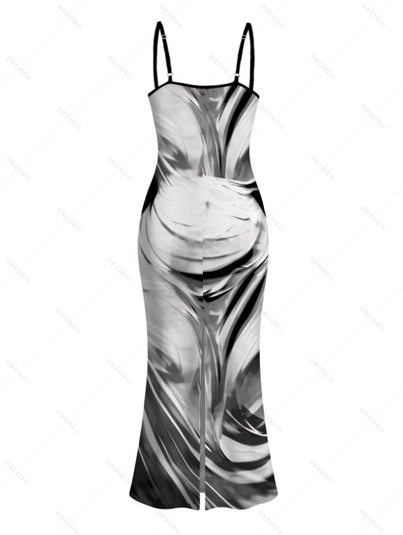 Vacation Dress Fluid Swirl Abstract Print Spaghetti Strap Maxi Bodycon Dress - Noir XXL | US 14