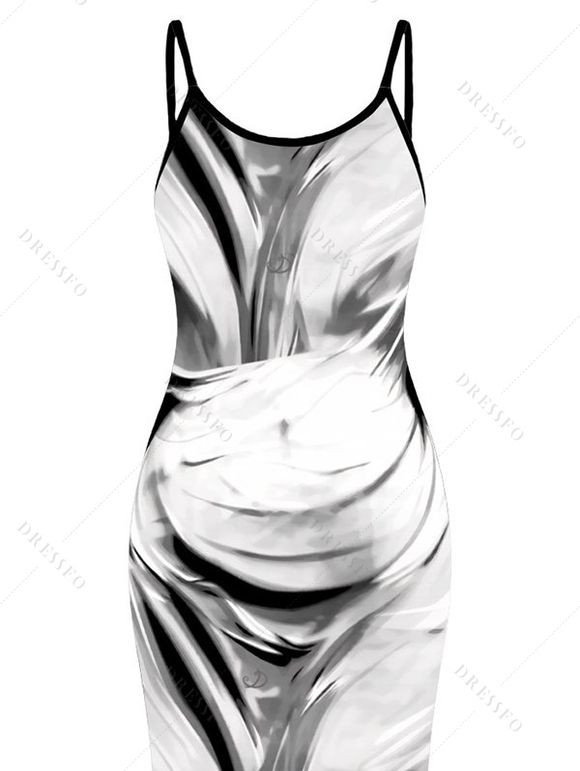 Vacation Dress Fluid Swirl Abstract Print Spaghetti Strap Maxi Bodycon Dress - Noir XXL | US 14
