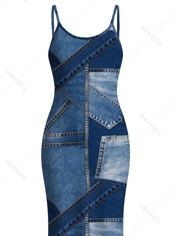 Casual Dress 3D Faux Denim Patchwork Print Spaghetti Strap Maxi Bodycon Dress - Bleu Toile de Jean XXL | US 14