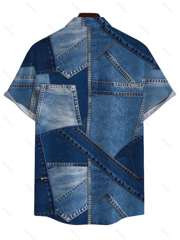 Men's Casual Shirt 3D Faux Denim Patchwork Print Button Up Shirt - Bleu Toile de Jean 5XL