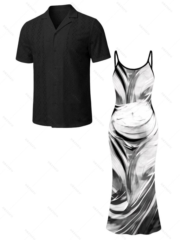Vacation Couple Outfit Fluid Swirl Abstract Print Spaghetti Strap Maxi Bodycon Dress and Solid Color Geometric Hollow Out Shirt Set - Noir S | US 4