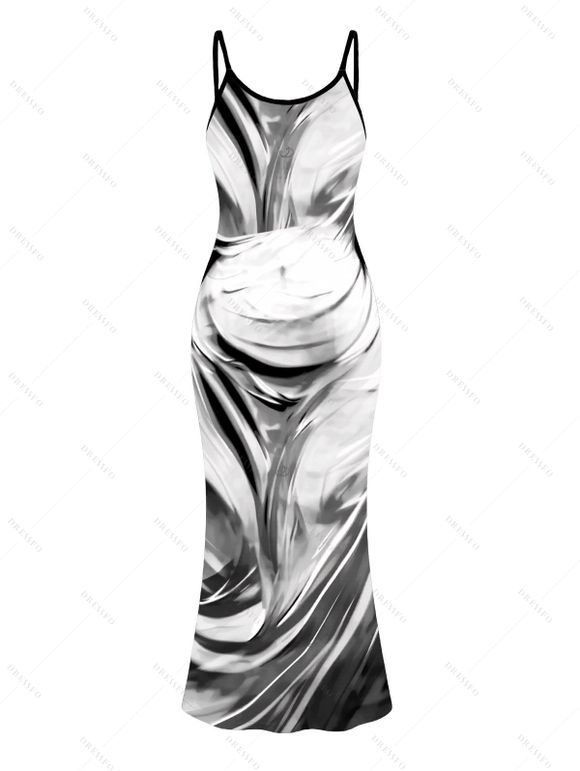 Vacation Couple Outfit Fluid Swirl Abstract Print Spaghetti Strap Maxi Bodycon Dress and Solid Color Geometric Hollow Out Shirt Set - Noir S | US 4