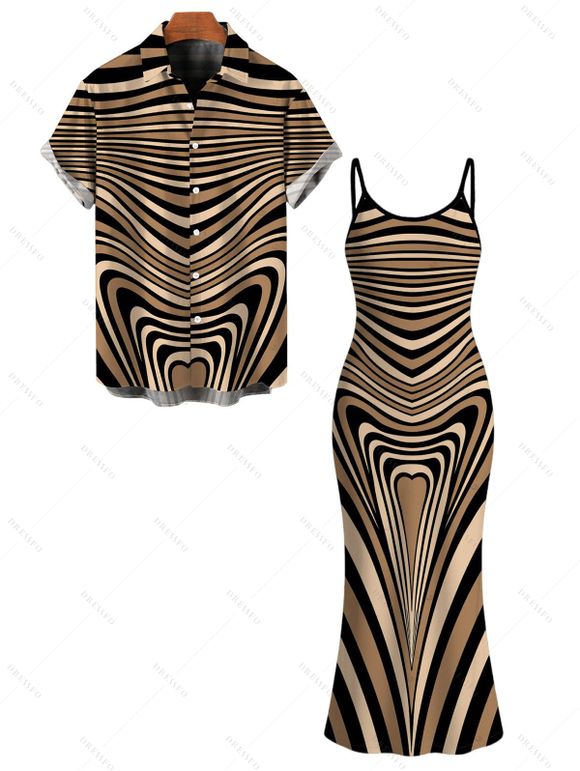 Bohemian Couple Outfit Colorblock Heart Shaped Swirl Geometric Print Spaghetti Strap Maxi Bodycon Dress and Shirt Set - multicolor S | US 4
