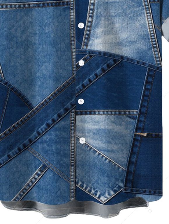 Men's Casual Shirt 3D Faux Denim Patchwork Print Button Up Shirt - Bleu Toile de Jean 5XL