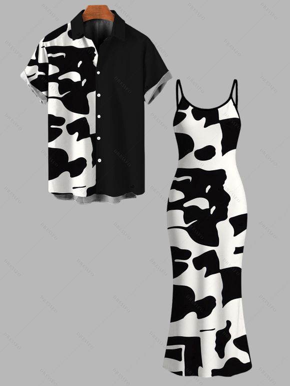 Casual Couple Outfit Abstract Irregular Geometric Print Spaghetti Strap Maxi Bodycon Dress and Contrast Color Shirt Set - Noir S | US 4