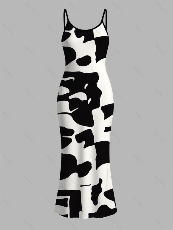 Casual Couple Outfit Abstract Irregular Geometric Print Spaghetti Strap Maxi Bodycon Dress and Contrast Color Shirt Set - Noir S | US 4