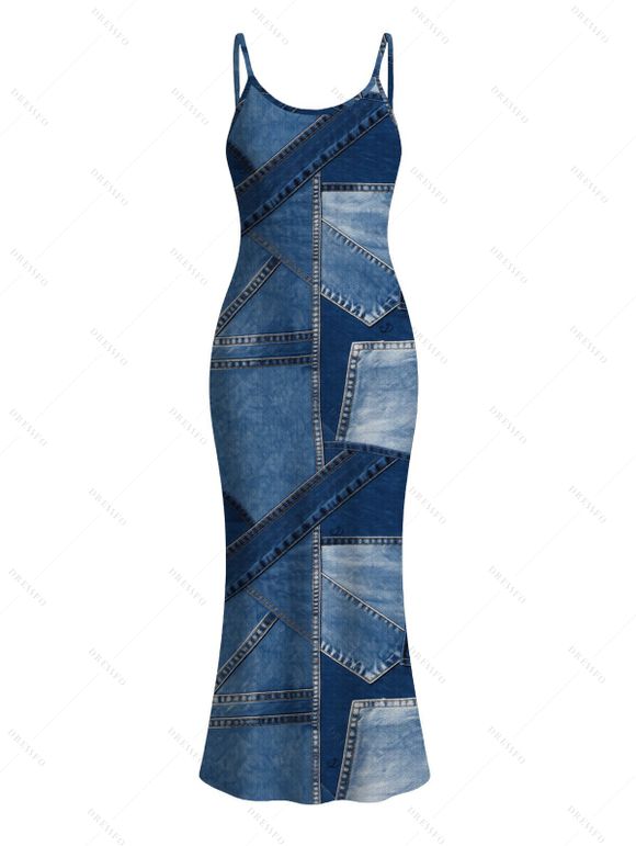 Casual Couple Outfit 3D Faux Denim Patchwork Print Spaghetti Strap Maxi Bodycon Dress and Shirt Set - Bleu Toile de Jean S | US 4