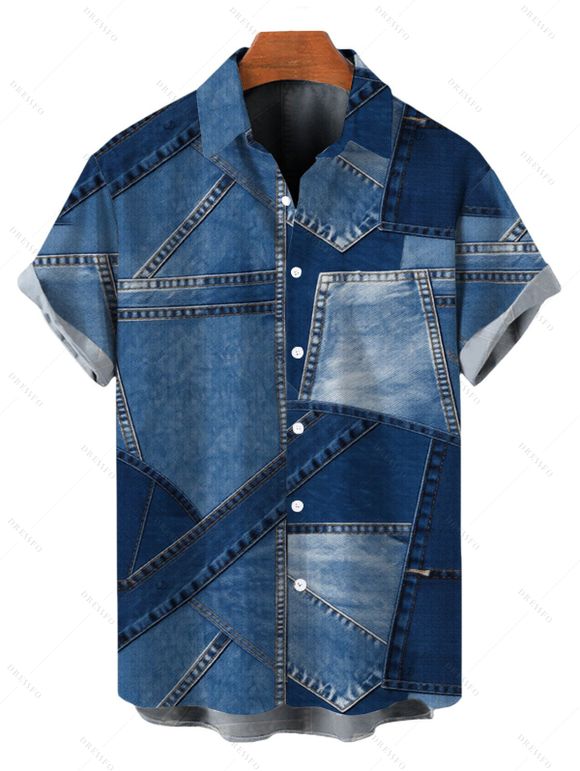 Casual Couple Outfit 3D Faux Denim Patchwork Print Spaghetti Strap Maxi Bodycon Dress and Shirt Set - Bleu Toile de Jean S | US 4