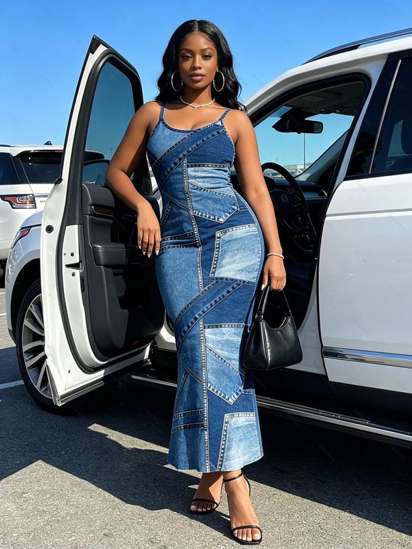 Casual Dress 3D Faux Denim Patchwork Print Spaghetti Strap Maxi Bodycon Dress - Bleu Toile de Jean XXL | US 14