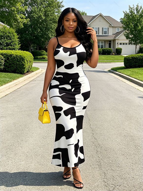 Casual Dress Colorblock Abstract Irregular Geometric Print Spaghetti Strap Maxi Bodycon Dress - Noir XXL | US 14