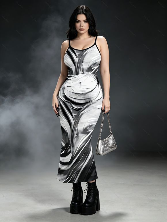 Vacation Dress Fluid Swirl Abstract Print Spaghetti Strap Maxi Bodycon Dress - Noir XXL | US 14