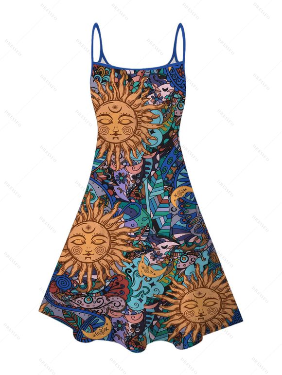Bohemian Dress Celestial Sun Moon Ethnic Print Spaghetti Strap Mini Vacation Dress - multicolor XXXXXL | US 20