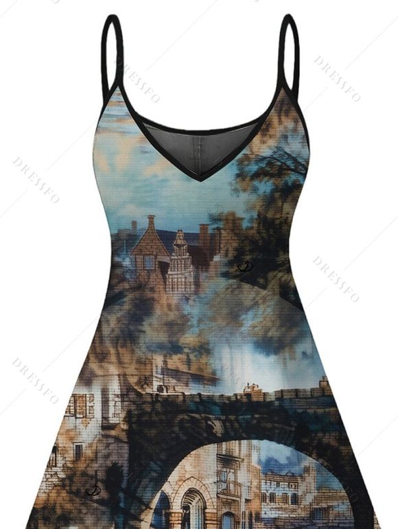 Vacation Dress Vintage European Water Town Oil Painting Print Spaghetti Strap Mini Dress - multicolor XXXXXL | US 20