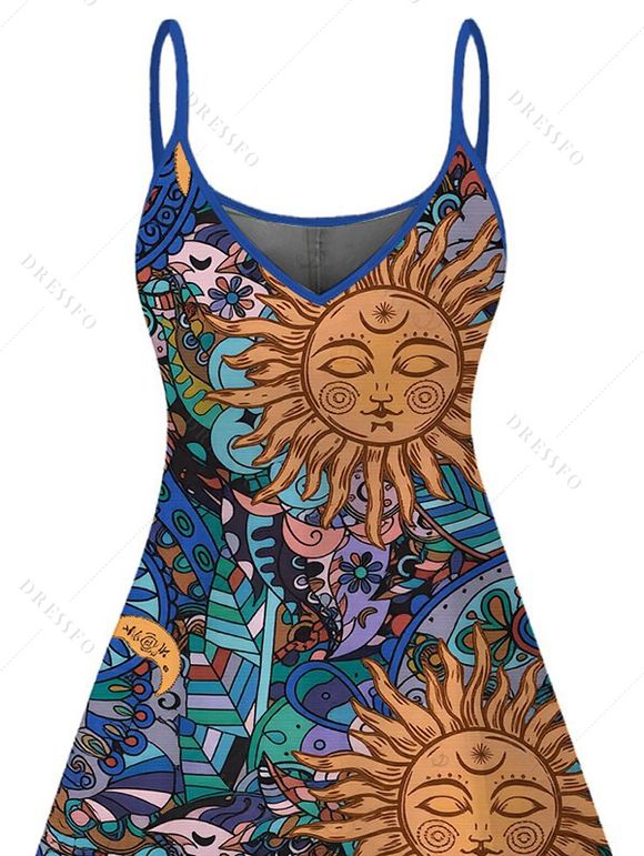 Bohemian Dress Celestial Sun Moon Ethnic Print Spaghetti Strap Mini Vacation Dress - multicolor XXXXXL | US 20