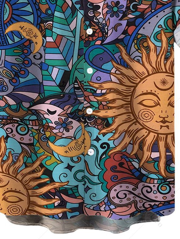 Men's Bohemian Shirt Celestial Sun Moon Ethnic Print Button Up Vacation Shirt - multicolor 5XL