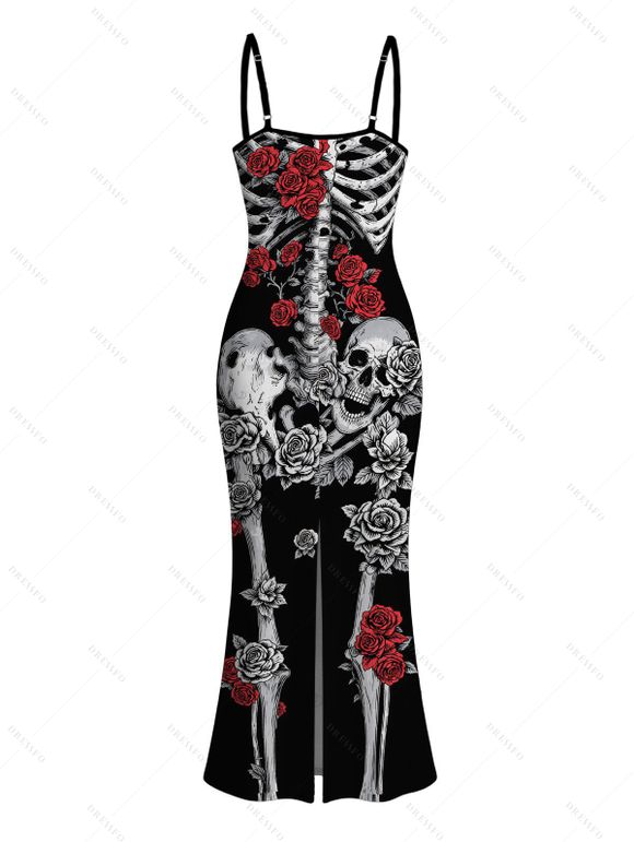 Gothic Dress Skeleton Skulls Rose Print Spaghetti Strap Maxi Bodycon Dress - Noir XXL | US 14