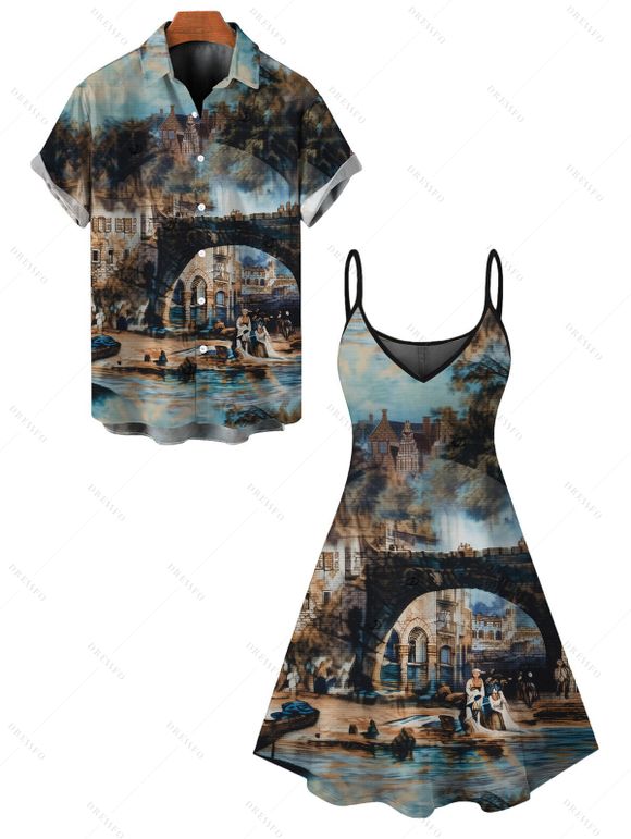 Vacation Couple Outfit Vintage European Water Town Oil Painting Print Spaghetti Strap Mini Dress and Shirt Set - multicolor S | US 4