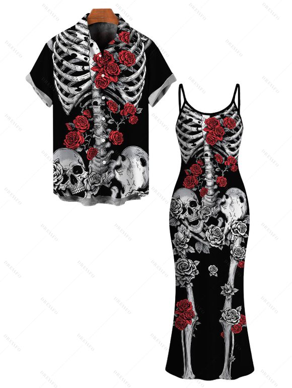 Gothic Couple Outfit Skeleton Skulls Rose Print Spaghetti Strap Maxi Bodycon Dress and Shirt Set - Noir S | US 4