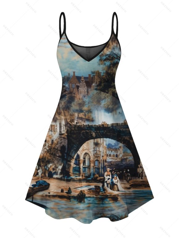 Vacation Couple Outfit Vintage European Water Town Oil Painting Print Spaghetti Strap Mini Dress and Shirt Set - multicolor S | US 4