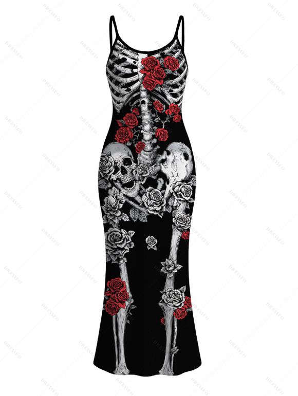 Gothic Couple Outfit Skeleton Skulls Rose Print Spaghetti Strap Maxi Bodycon Dress and Shirt Set - Noir S | US 4