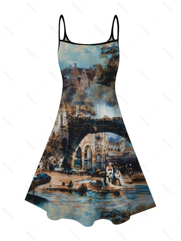 Vacation Couple Outfit Vintage European Water Town Oil Painting Print Spaghetti Strap Mini Dress and Shirt Set - multicolor S | US 4