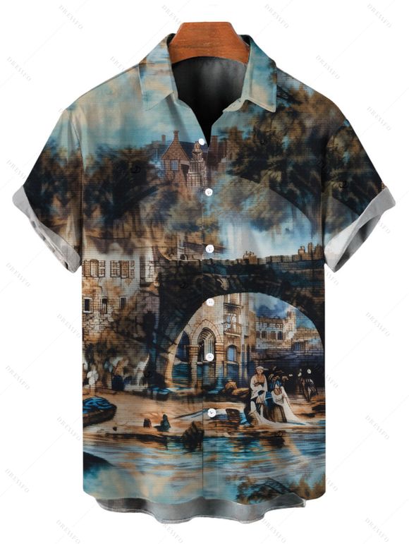 Vacation Couple Outfit Vintage European Water Town Oil Painting Print Spaghetti Strap Mini Dress and Shirt Set - multicolor S | US 4