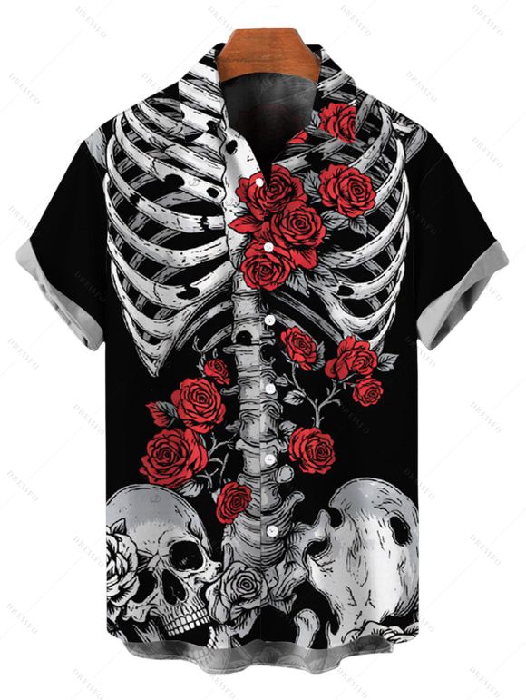 Gothic Couple Outfit Skeleton Skulls Rose Print Spaghetti Strap Maxi Bodycon Dress and Shirt Set - Noir S | US 4