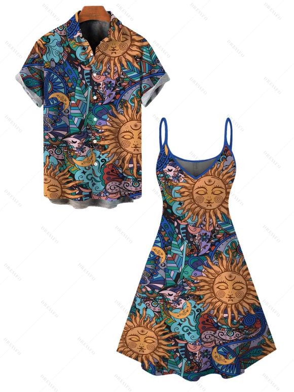 Bohemian Couple Outfit Celestial Sun Moon Ethnic Print Spaghetti Strap Mini Dress and Shirt Set - multicolor S | US 4