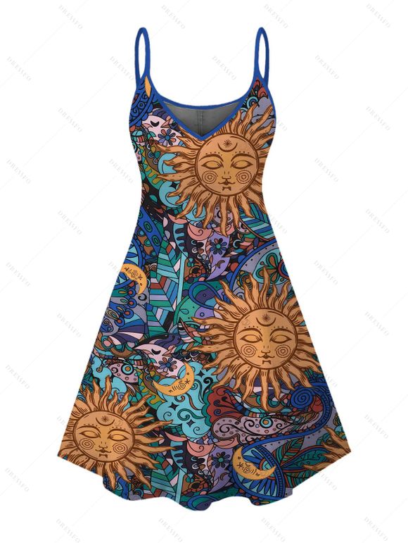 Bohemian Couple Outfit Celestial Sun Moon Ethnic Print Spaghetti Strap Mini Dress and Shirt Set - multicolor S | US 4