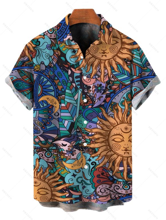 Bohemian Couple Outfit Celestial Sun Moon Ethnic Print Spaghetti Strap Mini Dress and Shirt Set - multicolor S | US 4