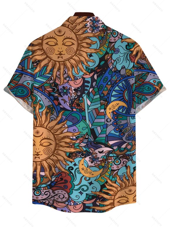 Bohemian Couple Outfit Celestial Sun Moon Ethnic Print Spaghetti Strap Mini Dress and Shirt Set - multicolor S | US 4