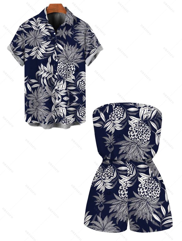Hawaiian Vacation Couple Outfit Tropical Pineapple Print Pocket Off the Shoulder Romper and Shirt Set - Cadetblue S | US 4