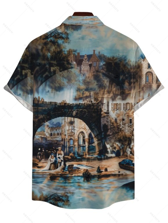 Men's Vacation Shirt Vintage European Water Town Oil Painting Print Button Up Shirt - multicolor 5XL