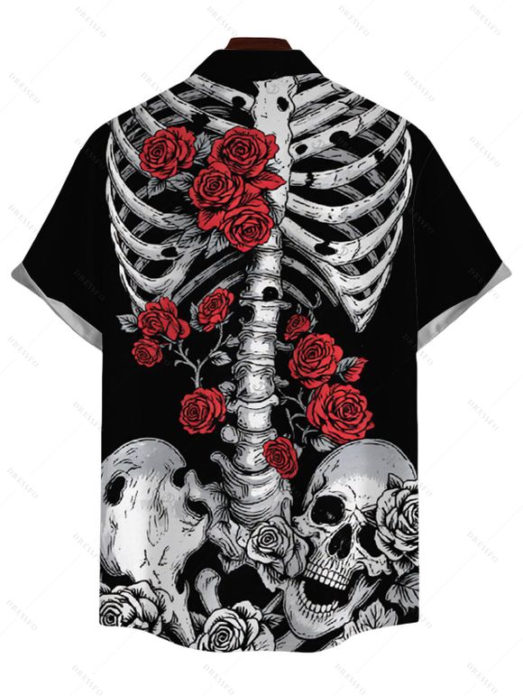 Men's Gothic Shirt Skeleton Skulls Rose Print Button Up Shirt - Noir 5XL