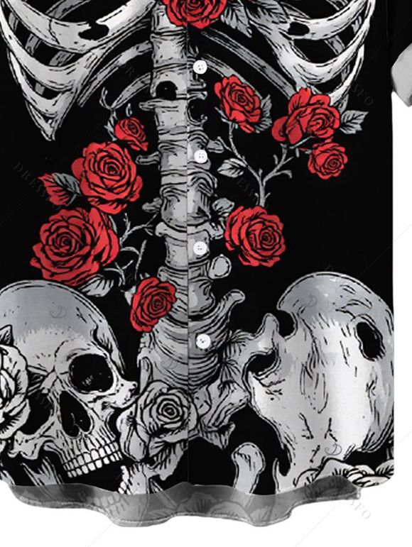 Men's Gothic Shirt Skeleton Skulls Rose Print Button Up Shirt - Noir 5XL