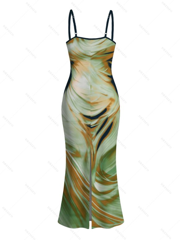 Vacation Dress Fluid Swirl Abstract Print Spaghetti Strap Maxi Bodycon Dress - Vert L | US 8-10